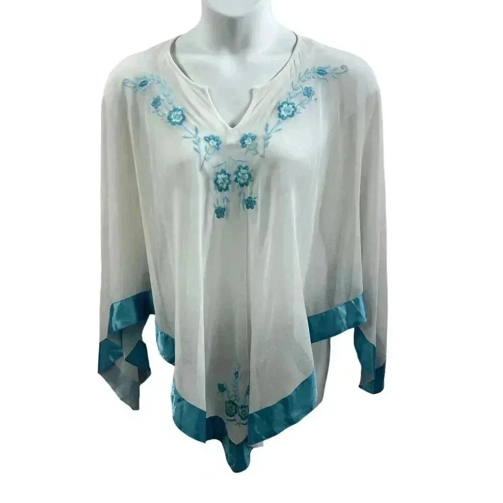 Y2K 90s Fashion Bug 3X/4X White Blue Floral Embroidered Sheer Poncho Top Fairy